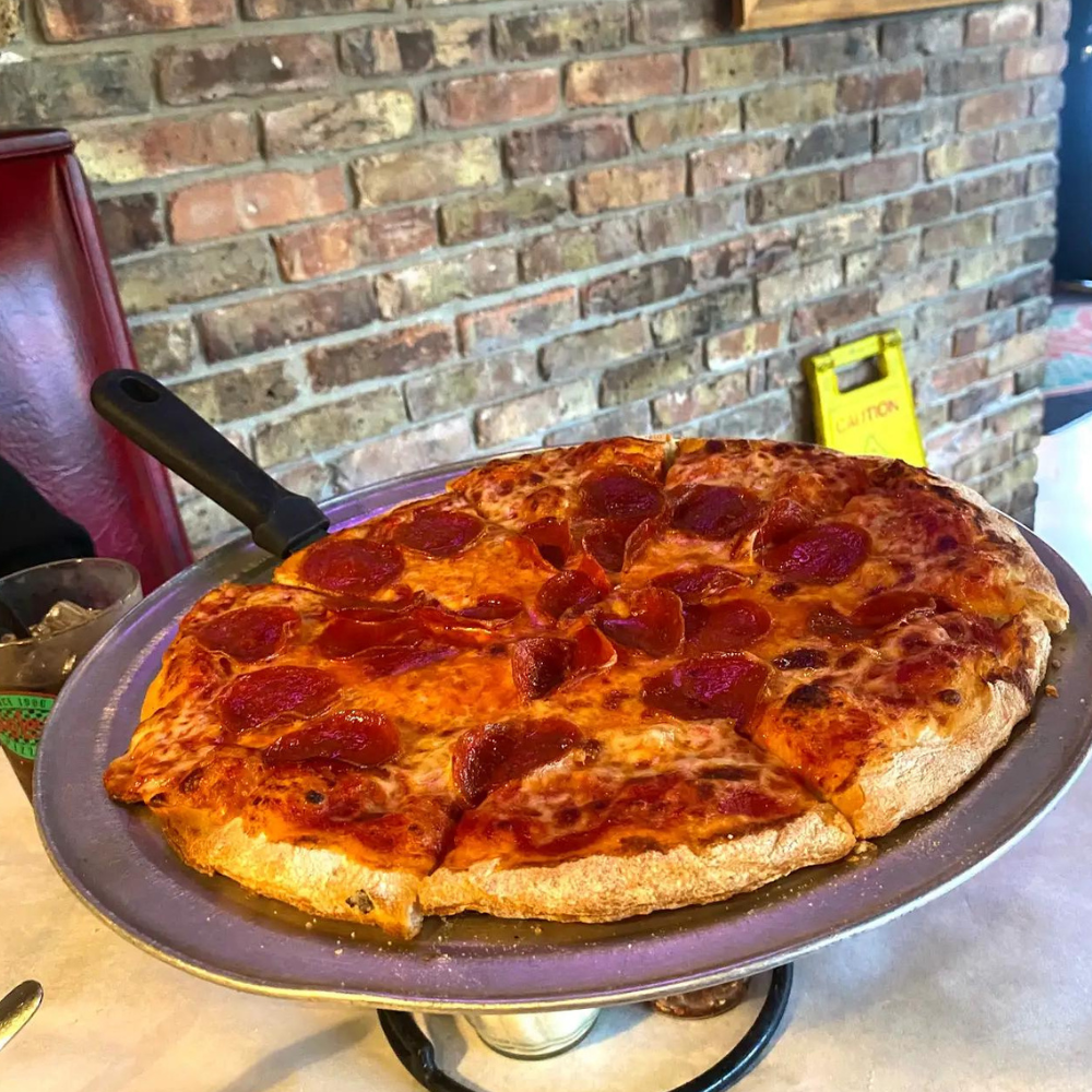 New York–style pepperoni pizza from Big Louie’s Pizzeria
