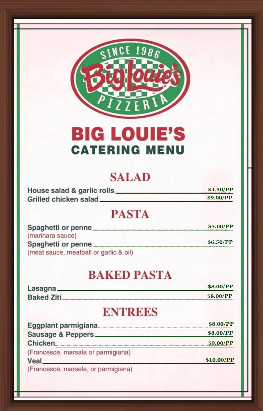 Big Louie’s catering menu with pasta, salads, and entrees