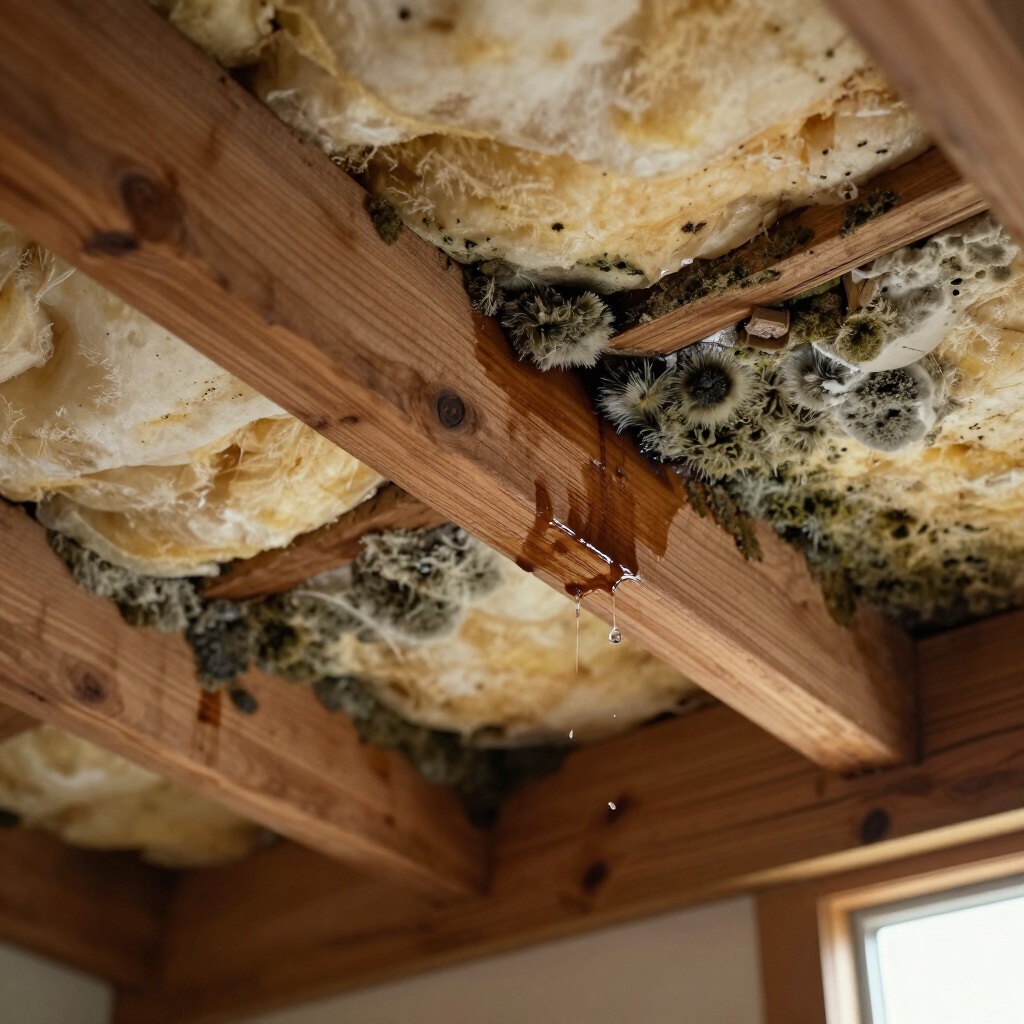 Mold-contaminated insulation being removed under HEPA filtration