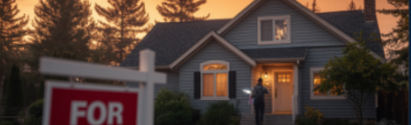 House at dusk with lit windows and a person standing by a for-sale sign in the yard