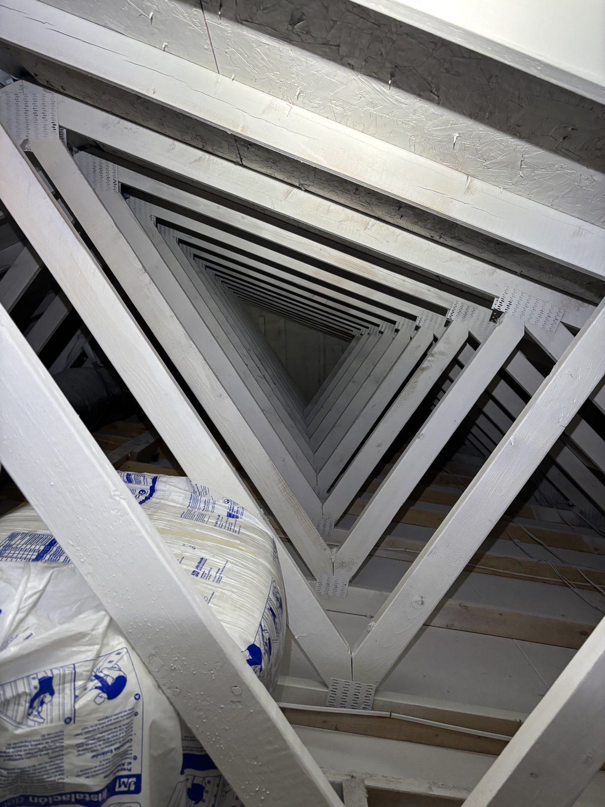 Attic trusses and sheathing treated and encapsulated white after mold remediation