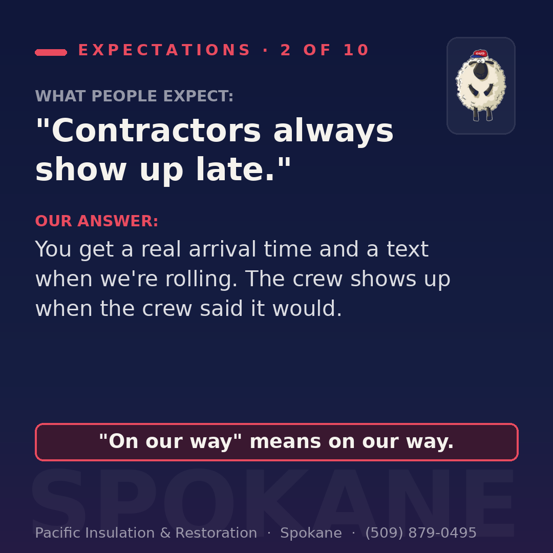 Spokane contractor on-time guarantee graphic — Pacific Insulation & Restoration