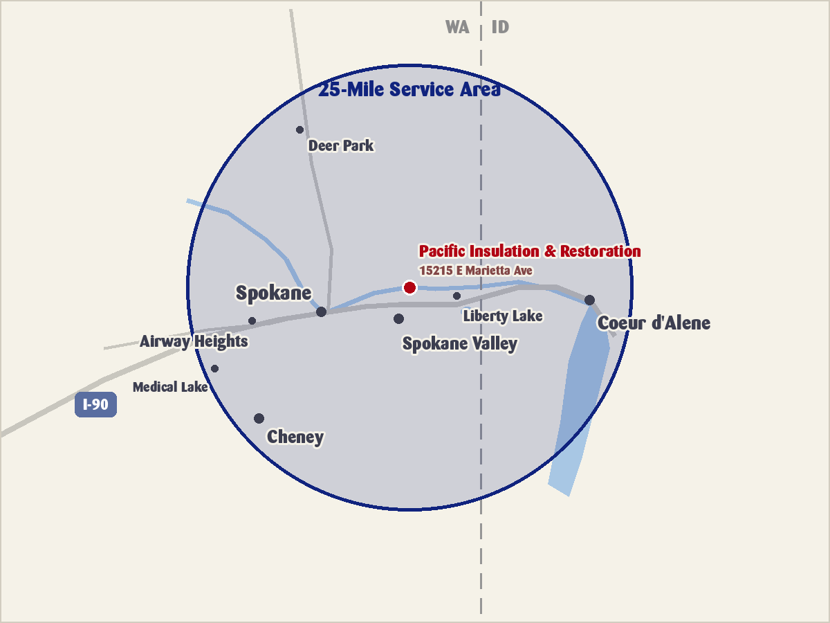 Map of the Pacific Insulation & Restoration 25-mile service area around Spokane Valley, covering Spokane, Cheney, Liberty Lake, Airway Heights and Coeur d’Alene