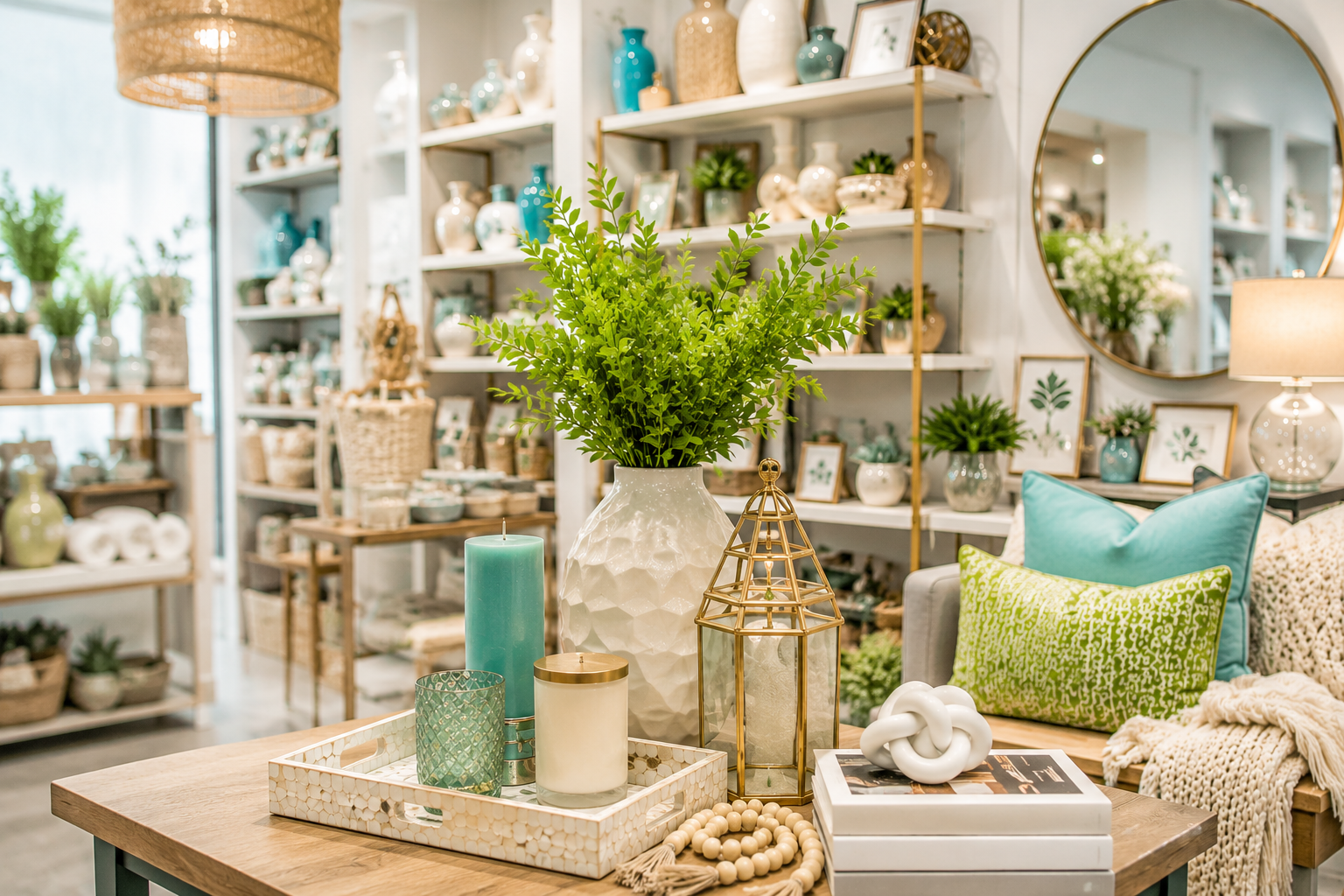 Coastal-style living room with wicker furniture, teal accents, flowers, and decorative shelves