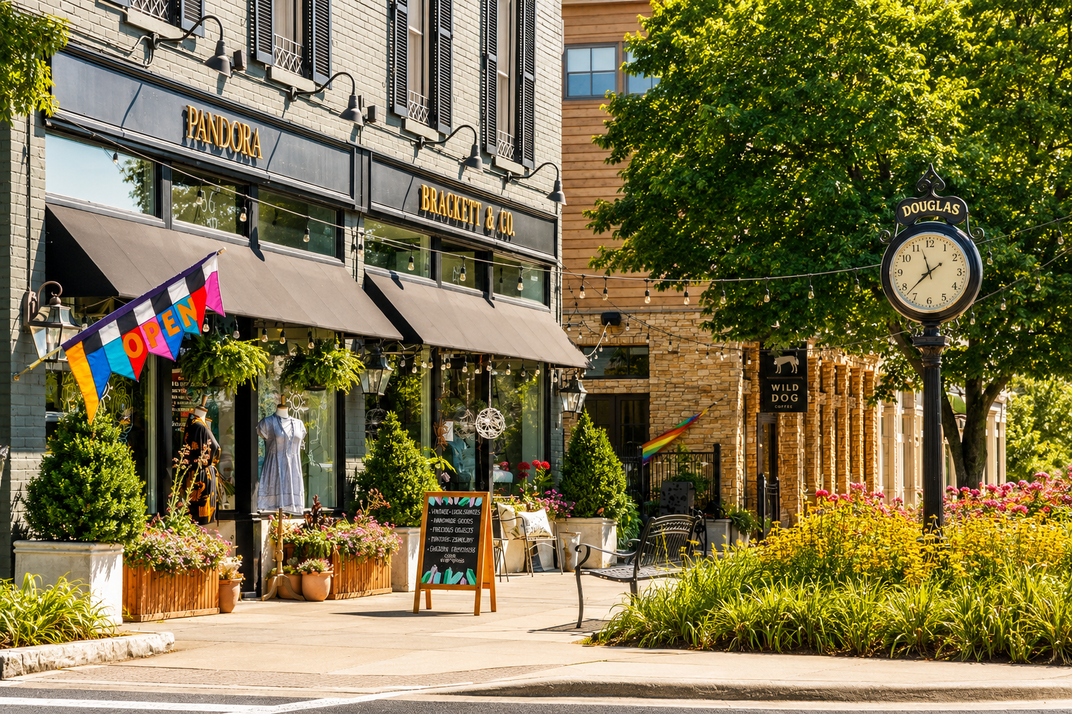 Sunny street café with colorful flags, potted flowers, and a clock on a tree-lined sidewalk