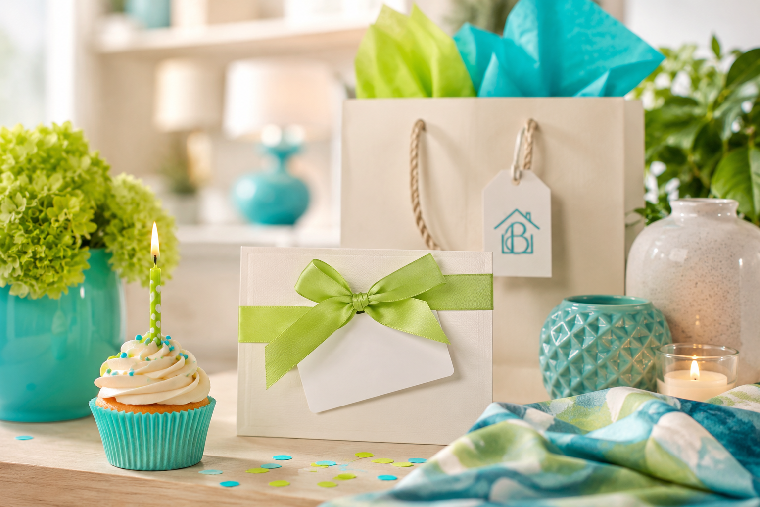 Pastel gift bags and wrapped presents on a festive table with cupcakes and teal decorations