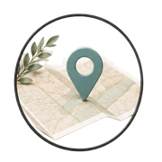 Map with teal location pin and leafy branch inside a circular frame