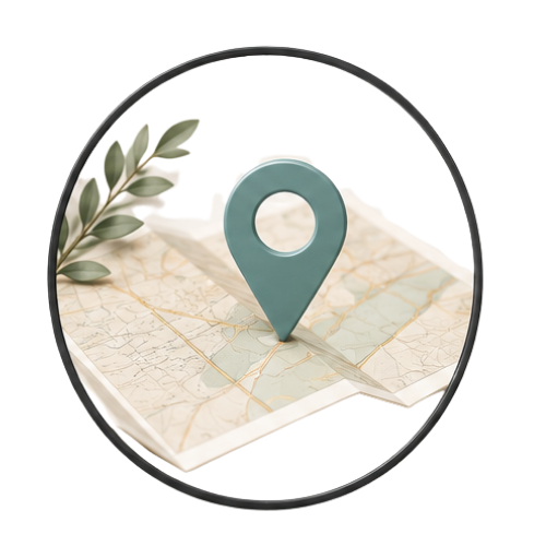 Map with teal location pin and leafy branch inside a circular frame