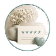 5-star rating card beside a ceramic vase with white flowers and a mint heart ornament