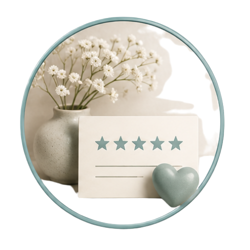 5-star rating card beside a ceramic vase with white flowers and a mint heart ornament