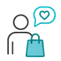 Person holding a shopping bag with a heart in a speech bubble icon