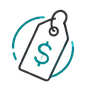 Price tag icon with teal dollar sign and circular accents