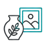 Line-art vase with leaves beside a framed landscape icon in black and teal