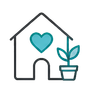 House icon with a teal heart and potted plant, suggesting home care or wellness