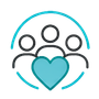 Three people icon with a blue heart and circular teal outline