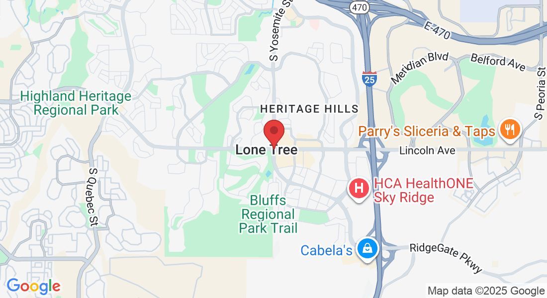 Map showing Heritage Hills, Lone Tree, and nearby roads in south Denver area