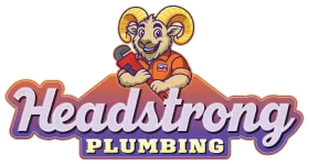 H&P Home Services LLC Headstrong Plumbing logo with a cartoon ram above purple and orange text