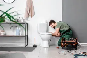 Plumbing Installations Highlands Ranch CO Plumber kneeling by a toilet, fixing pipes in a bright bathroom with tools spread on the floor.
