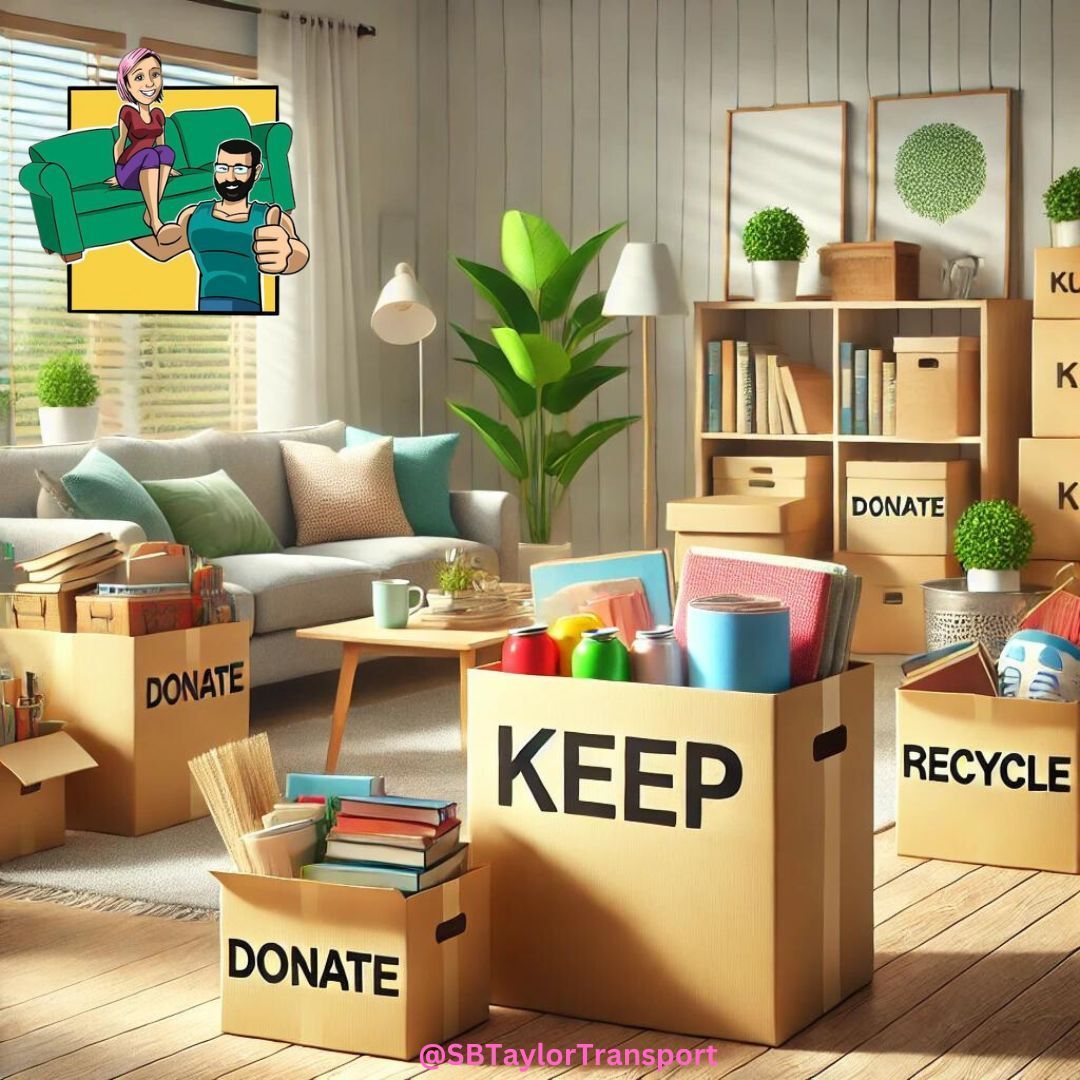 A living room with boxes labeled donate keep and recycle