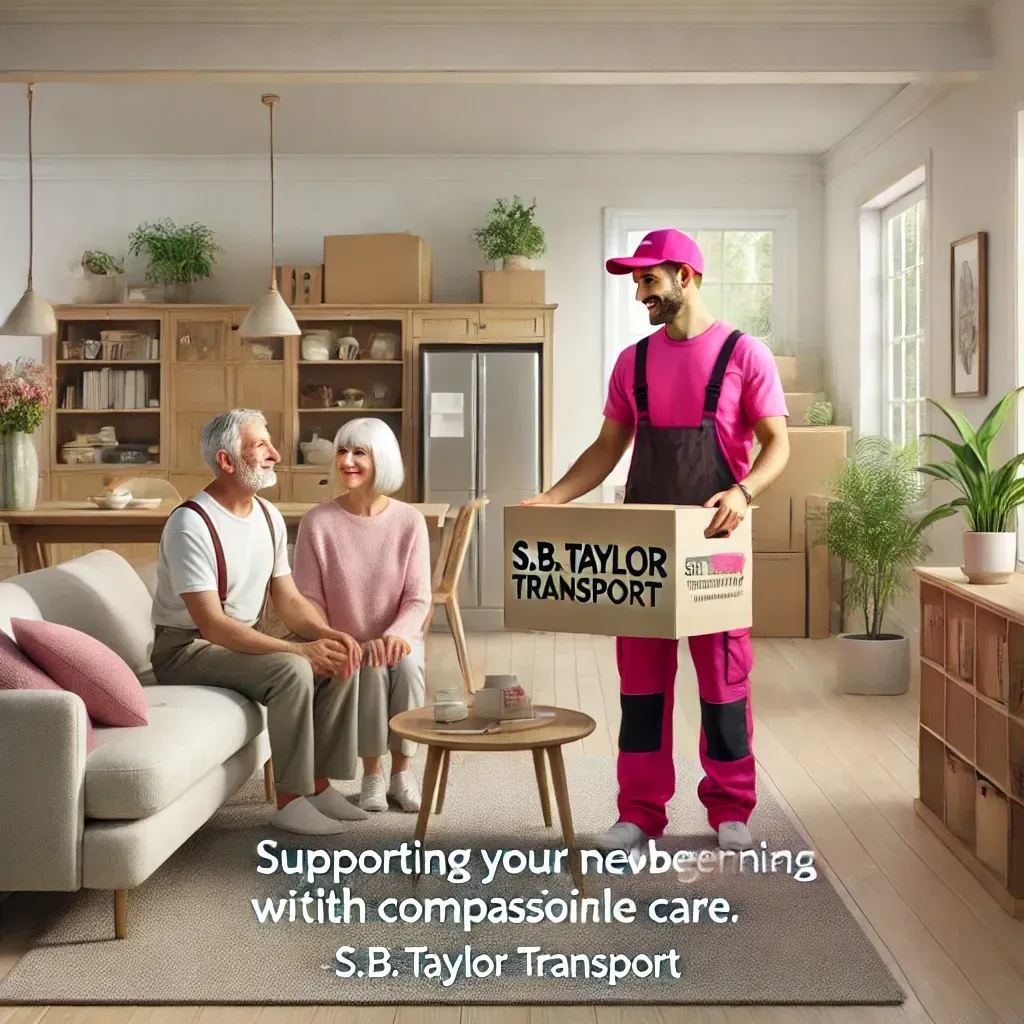 A man is holding a box in a living room while a woman sits on a couch.