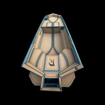 Beige futuristic pod or capsule with blue accents, shown front view on a black background