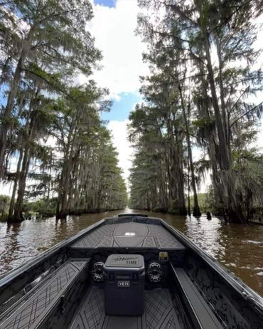 Boat traveling through a flooded cypress swamp with tall trees and brown water