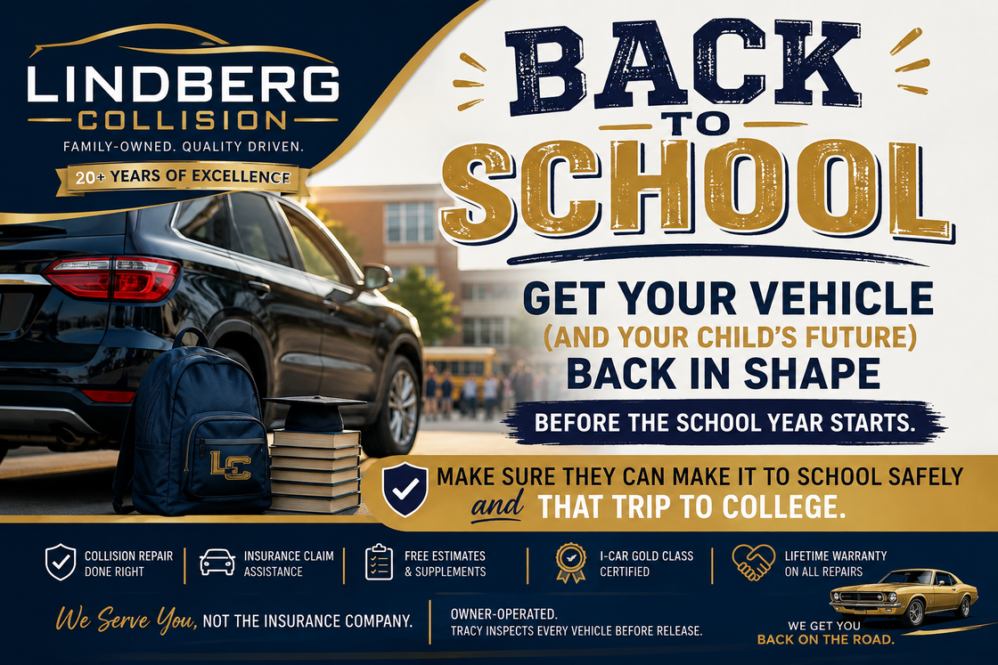 Lindberg Collision 20th anniversary ad with gold “20 years of excellence” text and DFW service message