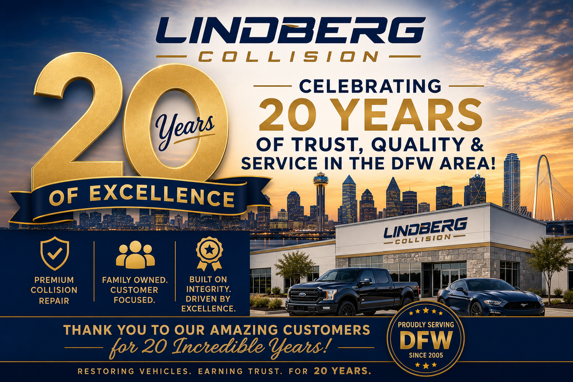 Lindberg Collision 20th anniversary ad with gold “20 years of excellence” text and DFW service message
