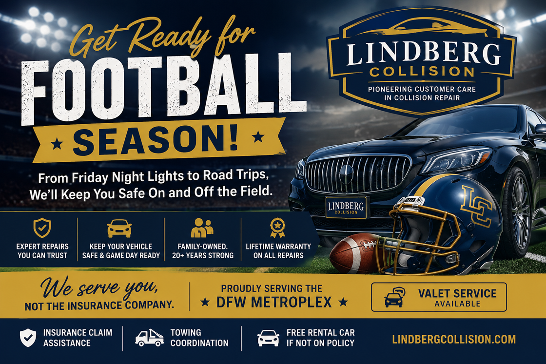 Lindberg Collision 20th anniversary ad with gold “20 years of excellence” text and DFW service message