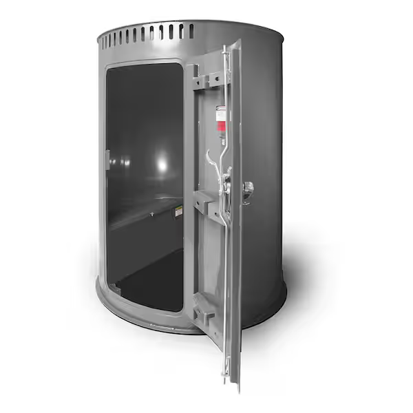 A gray, cylindrical metal tornado shelter with an open, heavy-duty latching door against a white background.