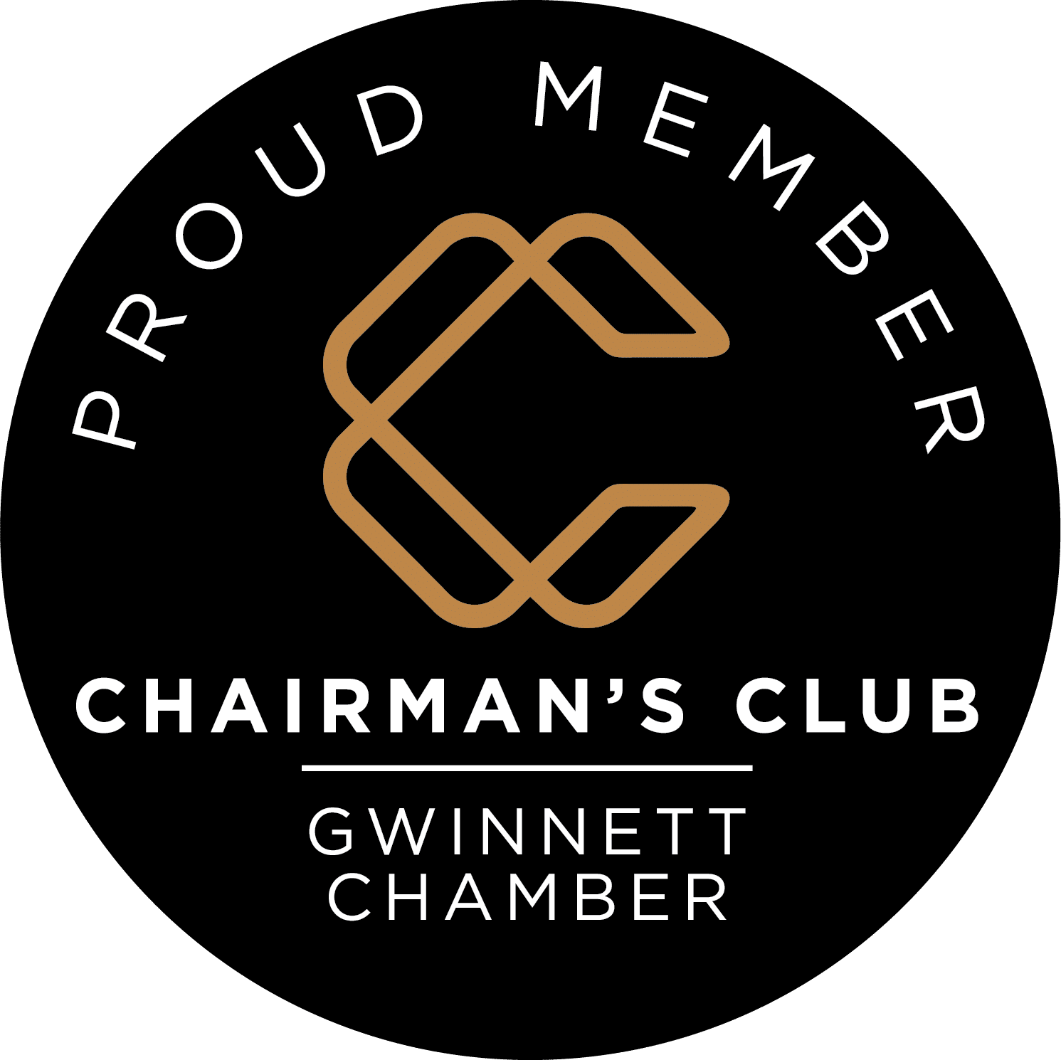 Black circular logo with gold emblem and white text: Proud Member, Chairman's Club, Gwinnett Chamber