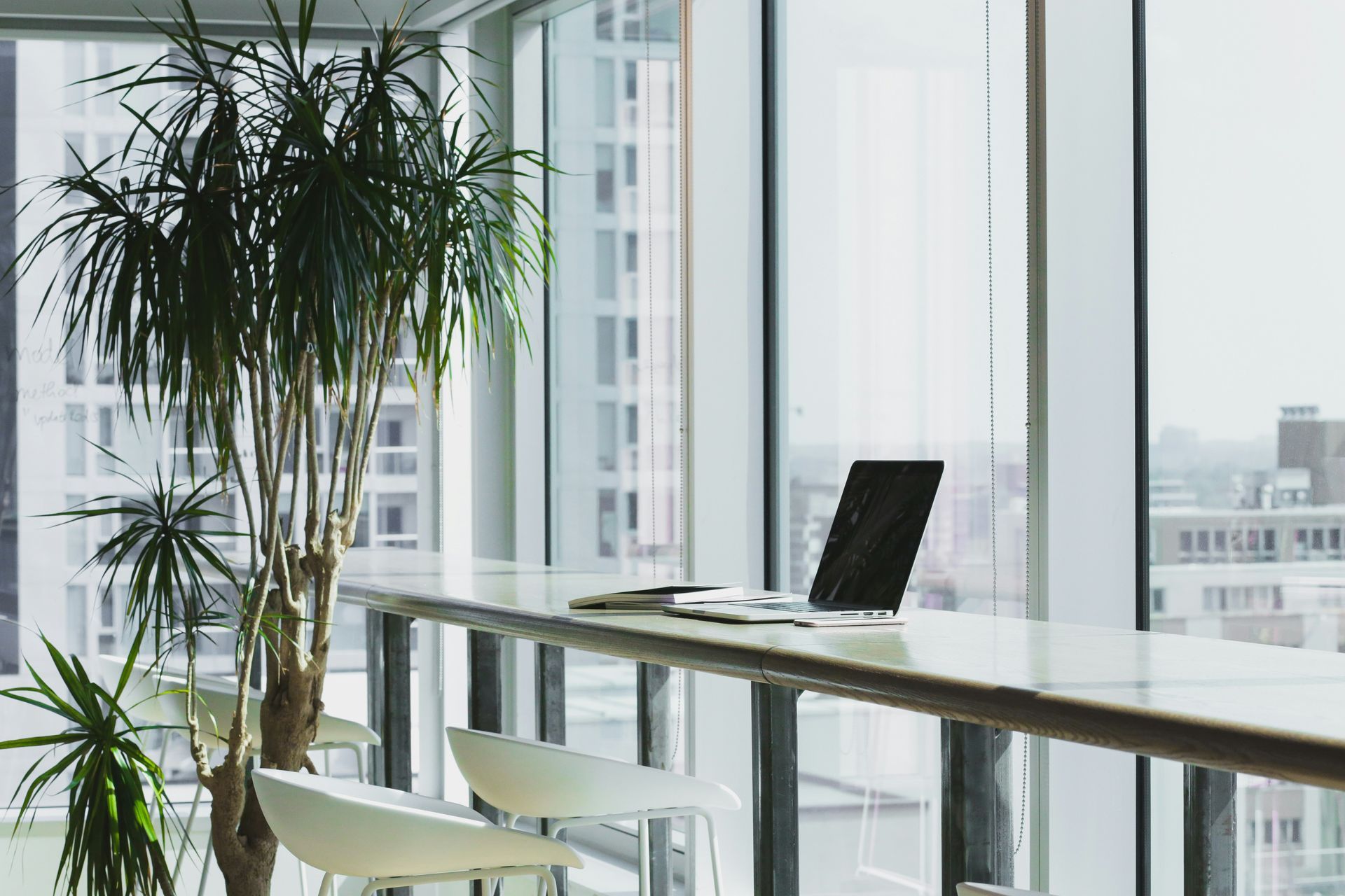 Bright office with large windows, potted plant, and laptop on a high table overlooking the city