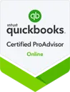 QuickBooks Certified ProAdvisor badge with green and white chevron design and “Online” text