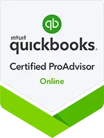 QuickBooks Certified ProAdvisor badge with green and white chevron design and “Online” text