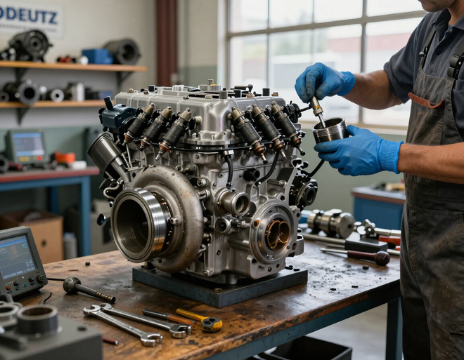 Motor DEUTZ industrial reconstruido en banco de trabajo
