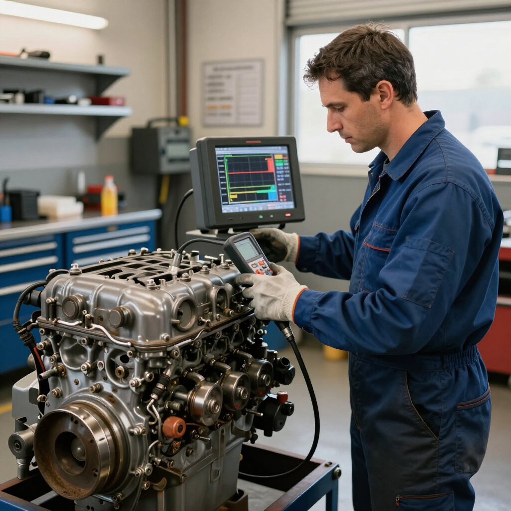 Técnico inspeccionando un motor grande en un banco de trabajo con un monitor de diagnóstico en un taller.