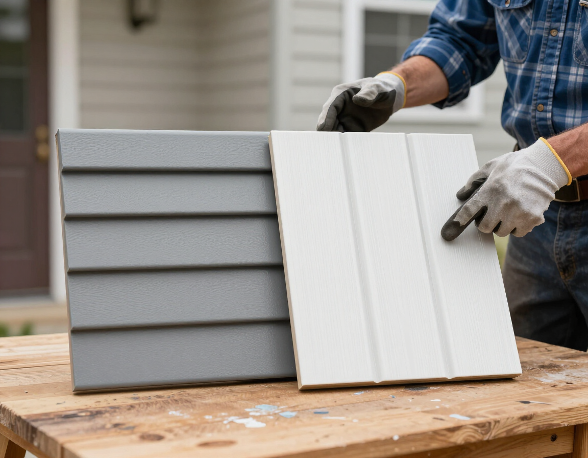 Hands holding two gray vinyl siding panels on a wooden worktable outdoors.