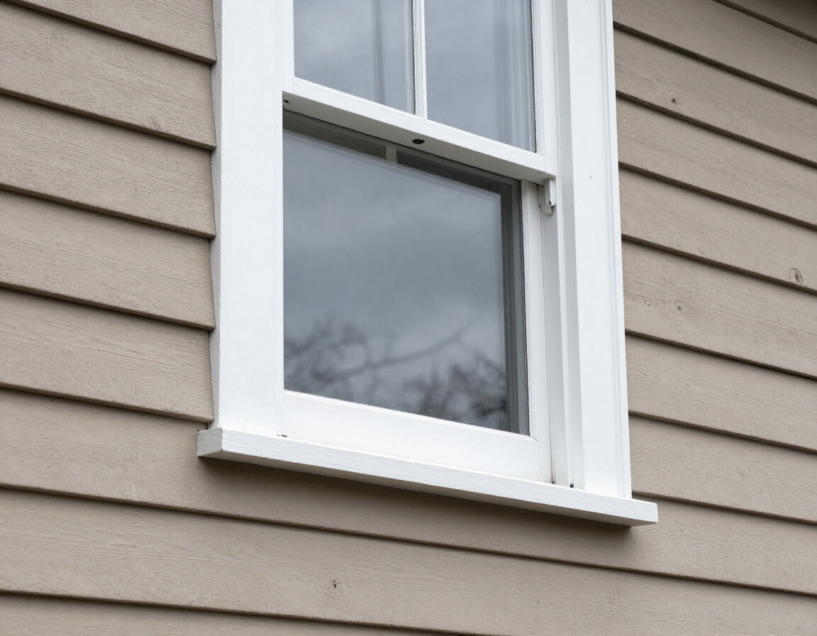 White-framed window on beige vinyl siding of a house.