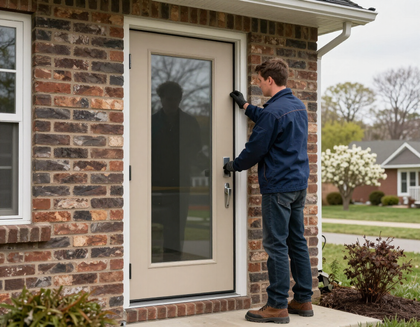 Man installing a front door window on a brick house exterior.