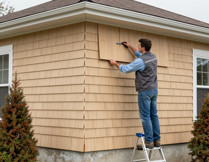 Siding panel installation on a home exterior.