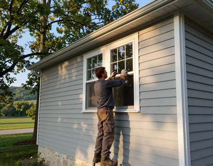 Person painting the exterior wall of a white house beside a window in sunlight.