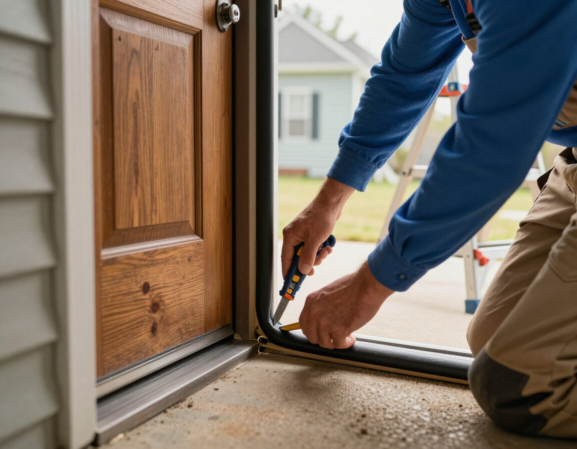 Person kneeling and sealing the bottom of a wooden front door with caulk gun.