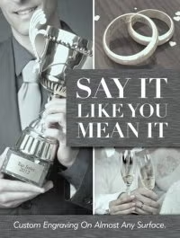 Wedding promo collage with engraved trophy, rings, and champagne flutes; text says “Say it like you mean it.”