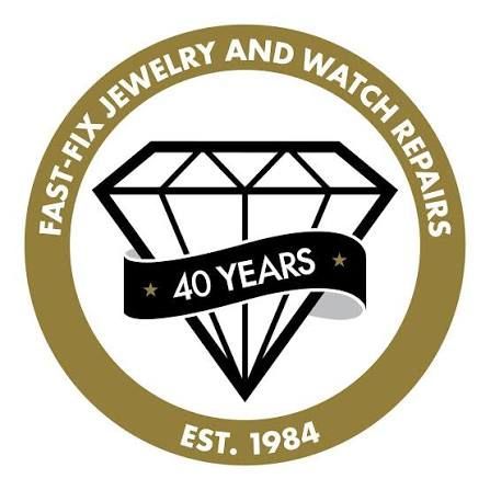 Gold and white logo for Fast Fix Jewelry and Watch Repairs, featuring a black diamond and “40 Years” banner, EST. 1984