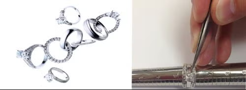 Silver rings arranged beside a hand holding a clear cylindrical object with a clamp-like tool