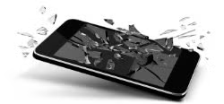 Cracked smartphone screen with shattered glass fragments flying outward