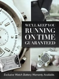 Watch battery ad with wristwatches and text: “We’ll keep you running on time, guaranteed.”