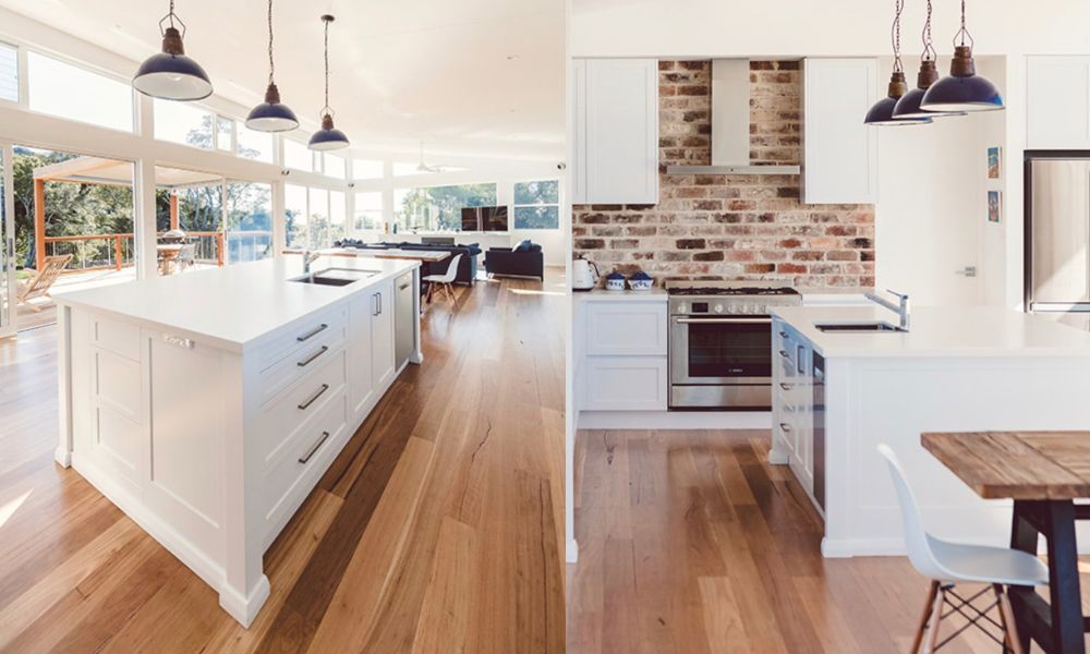 A Kitchen With White Cabinets and a Wooden Table and Chairs — QBC Constructions In Willow Vale, NSW