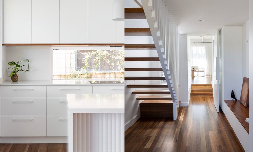 A Kitchen With White Cabinets and a Staircase With Wooden Steps — QBC Constructions In Pacific Avenue, QLD