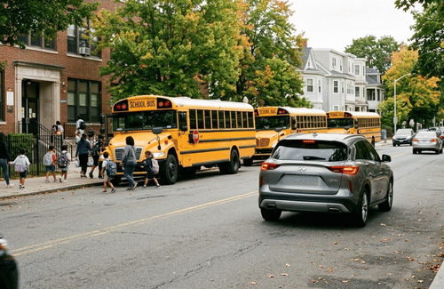Gray SUV driving through a school zone near students and school buses